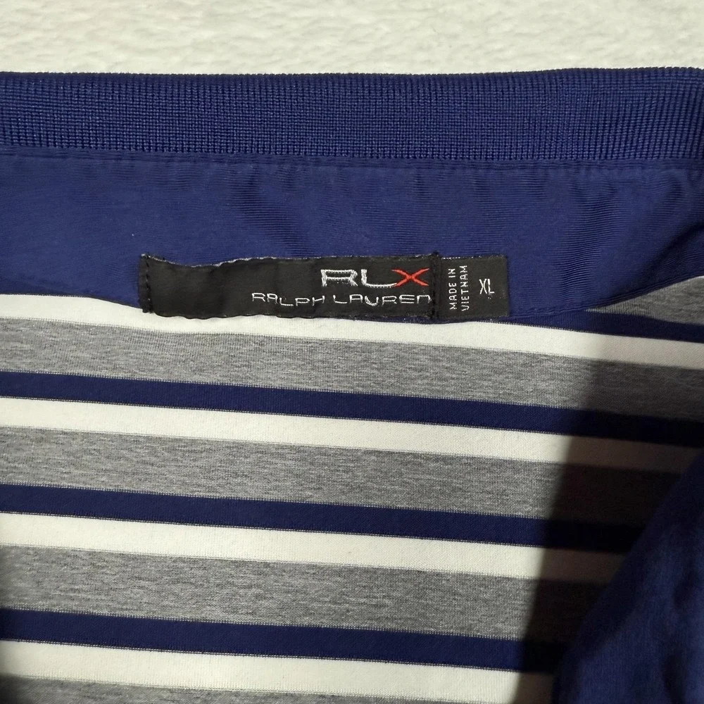 Ralph Lauren RLX Polo Shirt Mens XL Blue Gray White Striped Golf BHCC 1912 Logo‎